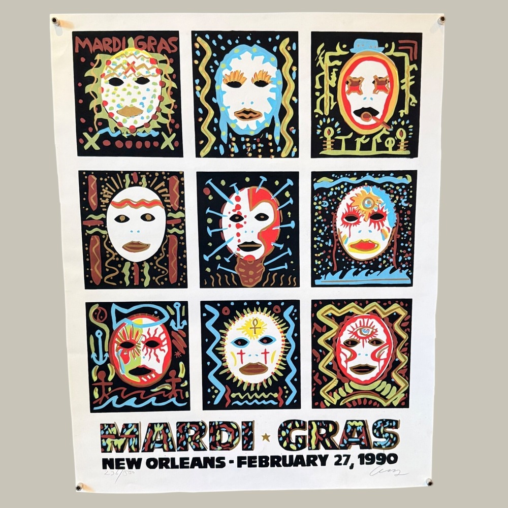 Vintage 1990 Amzie Adams Mardi Gras New Orleans Signed Numbered Mask Art
